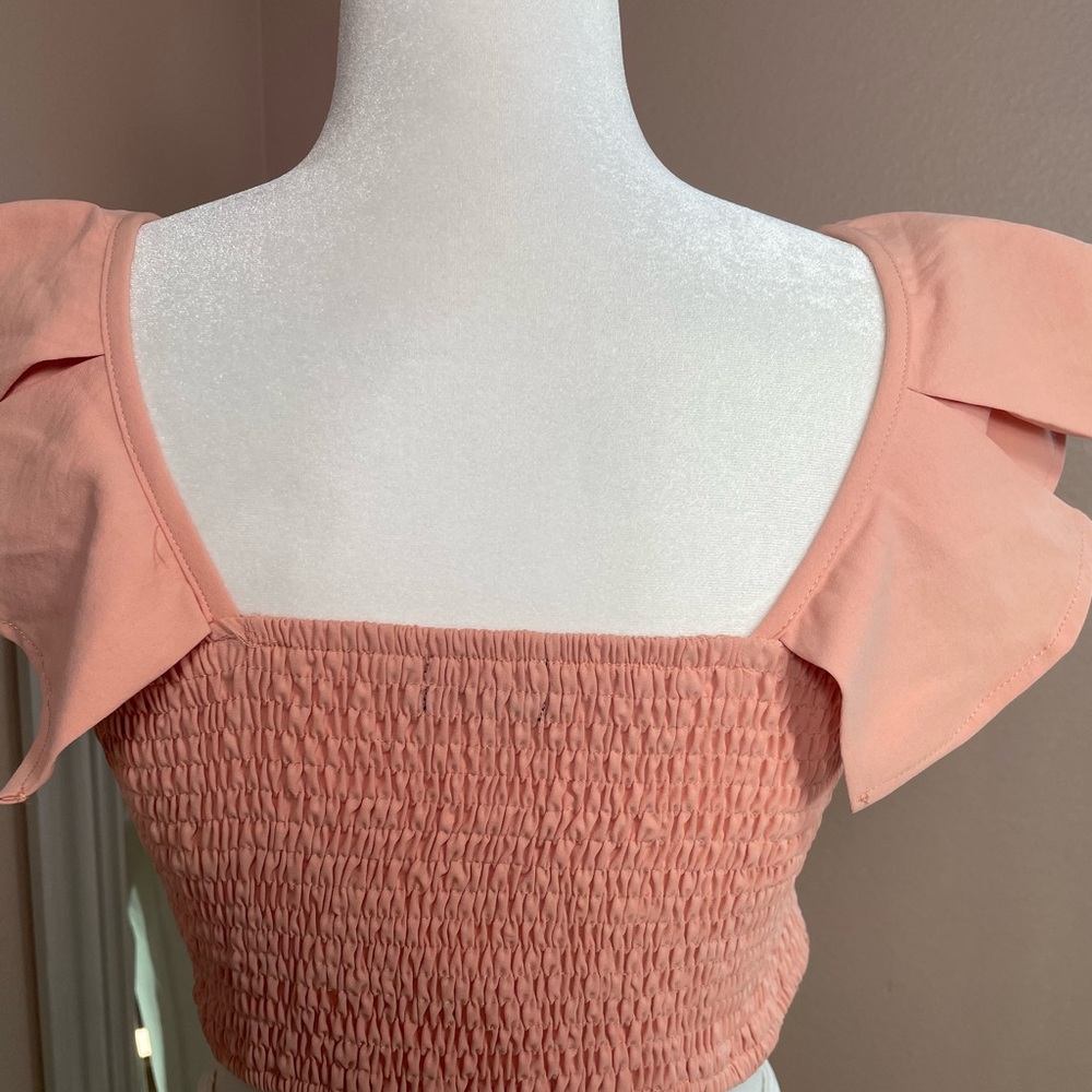 Peach Boho Crop Top Bow Front Ruffle Sleeve Smocked Back Festival M - Picture 2 of 8